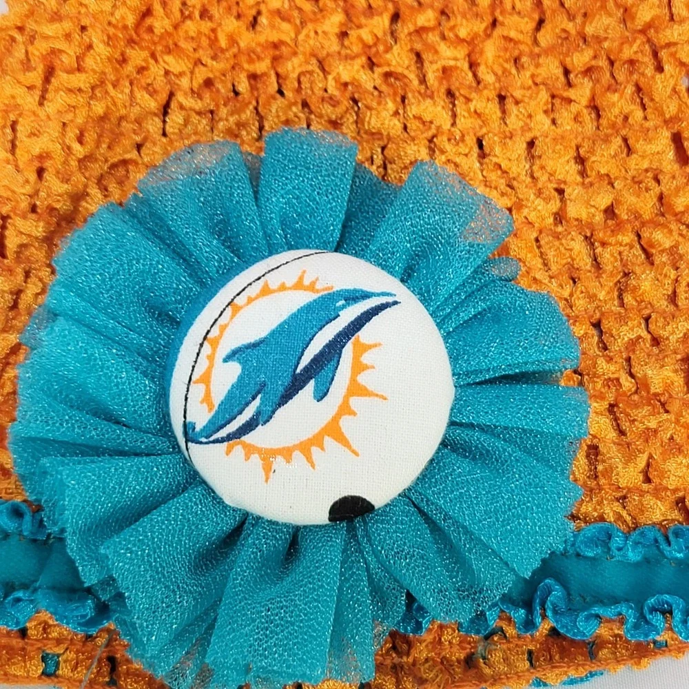 Miami Dolphins Baby Beanie Hat Orange Teal Crochet Flower Infant NFL Fan Gear